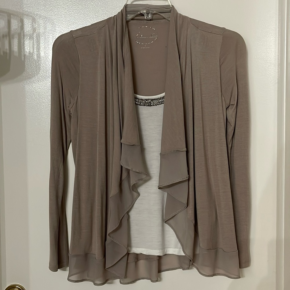 INC INTERNATIONAL CONCEPTS LAYERED CARDIGAN SIZE S BEIGE CREAM JEWEL NECKLINE